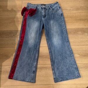 AKIRA Blue Flare Jeans with Red Ribbon Accent